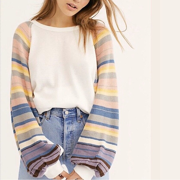 Free People Rainbow Dreams Striped Statement Sleeve Thermal Top Cozy - Picture 1 of 5